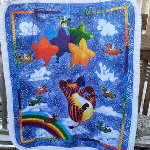 Handmade Fabric Baby Quilt Hand Quilted Cotton 37" x 43" Flying Zebras